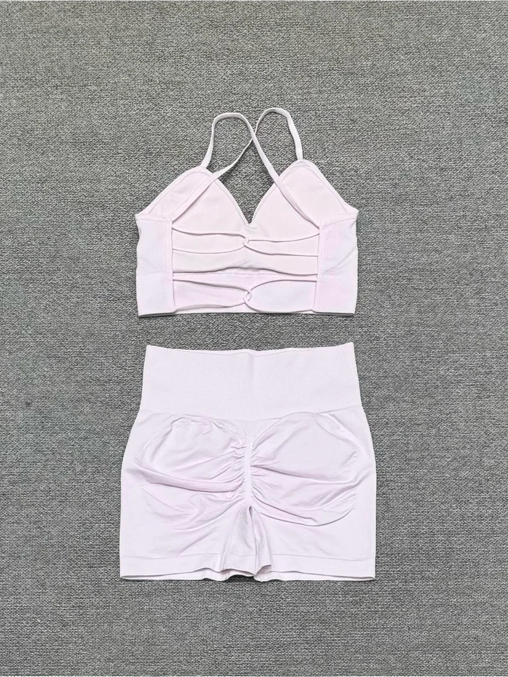 ALO Yoga Light Pink Ribbed Bralette & High-Waist Bike Shorts Set - Picture 2 of 6